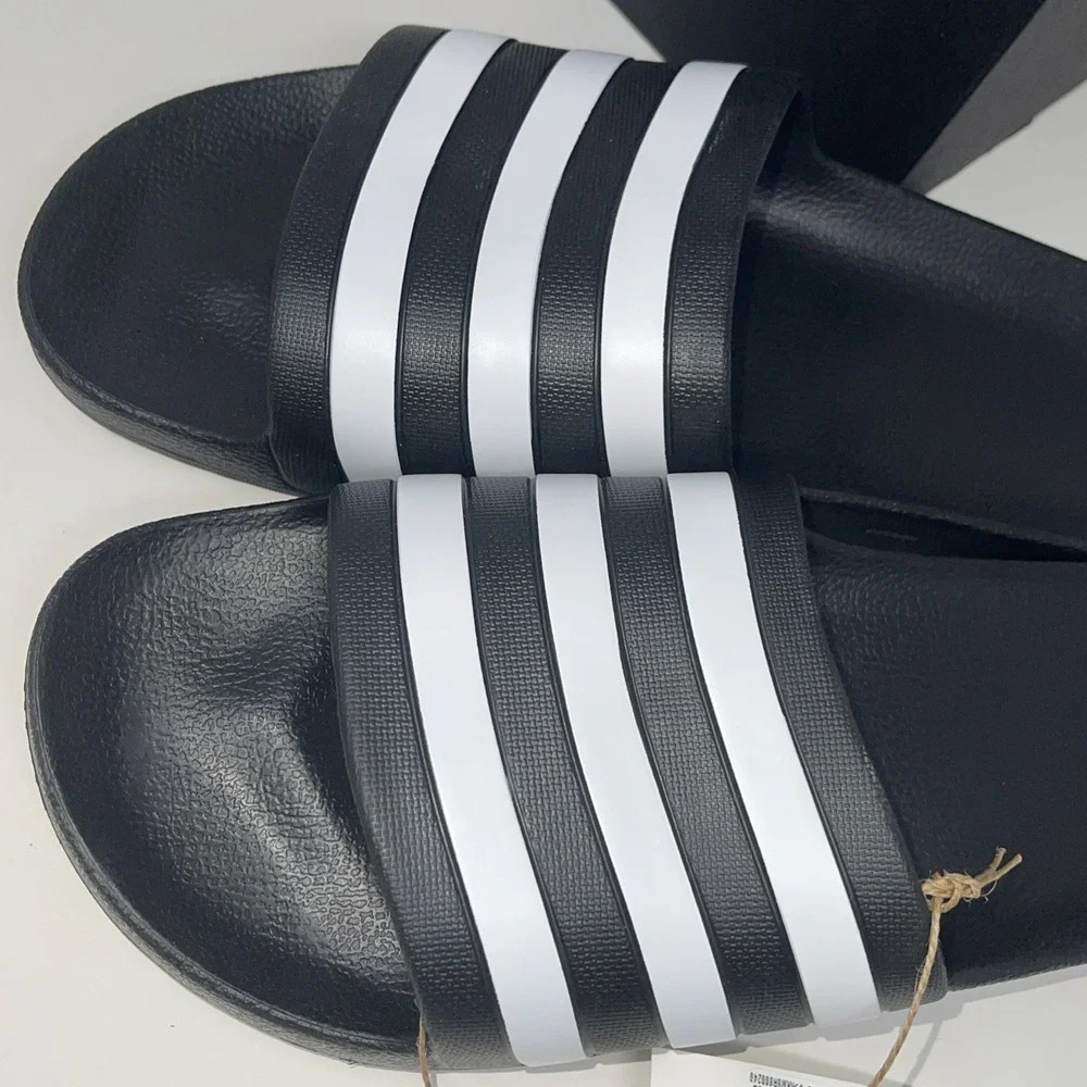 Adidas Men's Size 13 Women 14 Slides Black White 3 Stripes Adilette Aqua Slip On